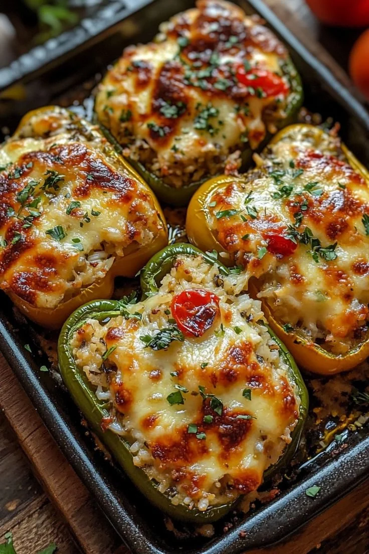 Colorful vegetarian stuffed bell peppers filled with rice and vegetables
