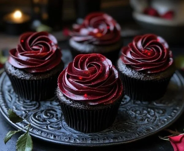 Midnight Rose Garden Cupcakes inspired by Morticia's spooky elegance
