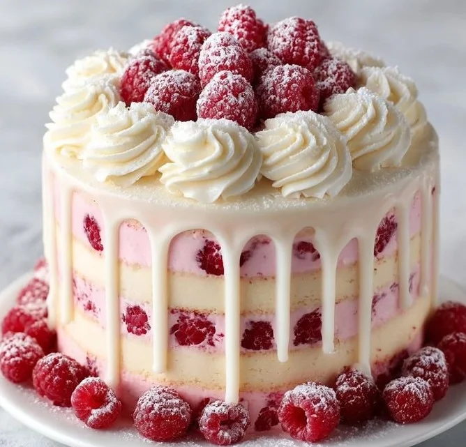 Slices of White Chocolate Raspberry Dream Cake topped with berries
