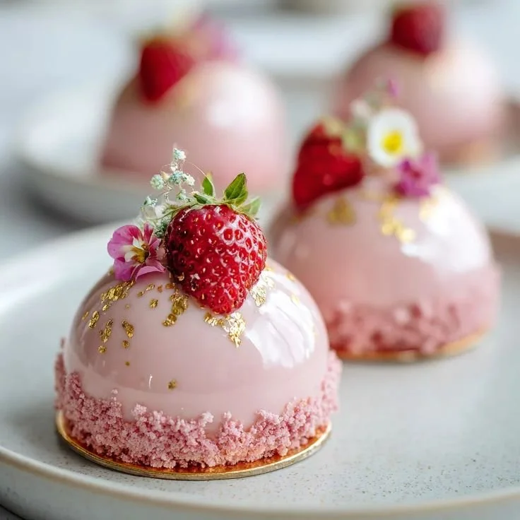 Delicious white chocolate strawberry mousse domes elegantly presented as a café dessert