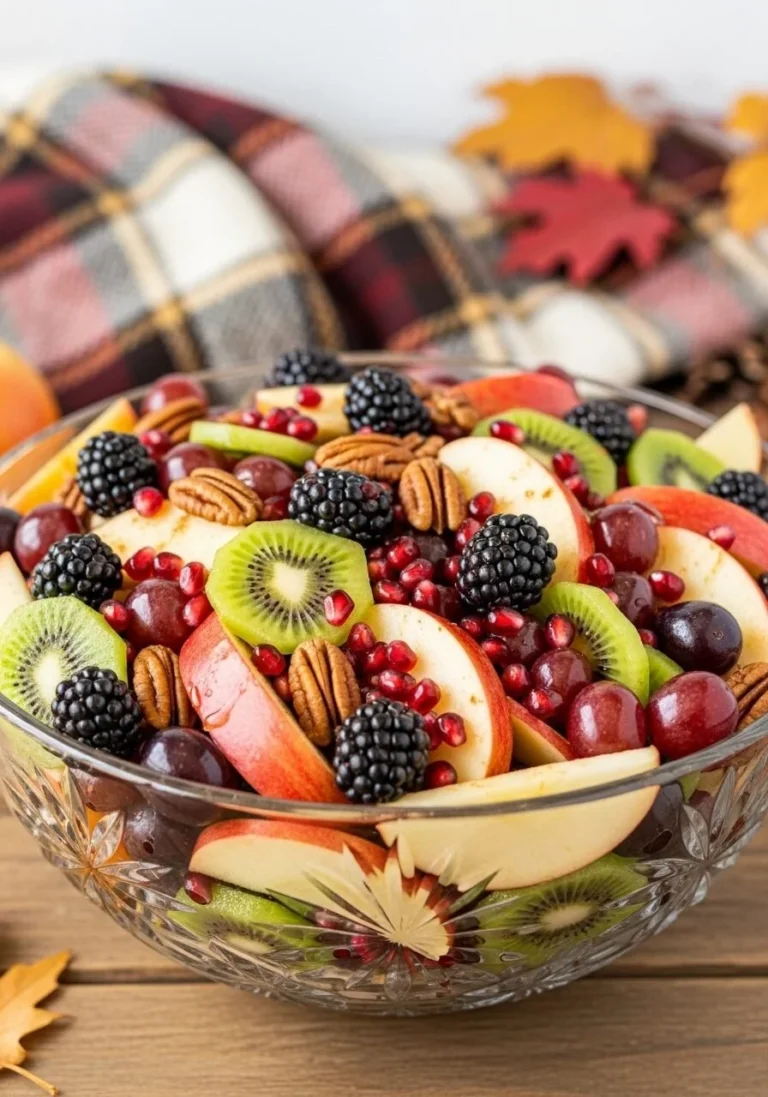 Colorful 10-Minute Fall Fruit Salad with apples, pears, and pomegranate.