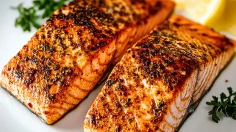 Crispy air fryer salmon served on a plate with lemon and herbs