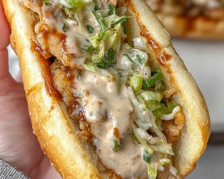 Alabama BBQ Chicken Chopped Sandwich on a plate with garnishes