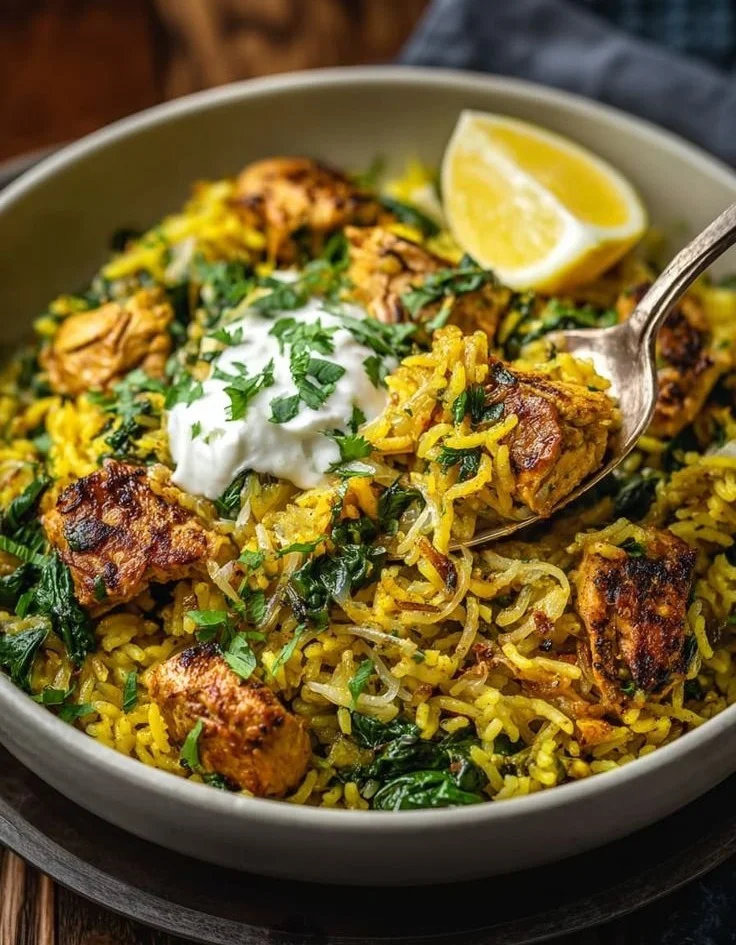 Plate of anti-inflammatory turmeric chicken served with rice and herbs