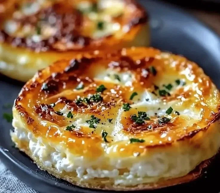 Baked cottage cheese eggs served in a dish with herbs