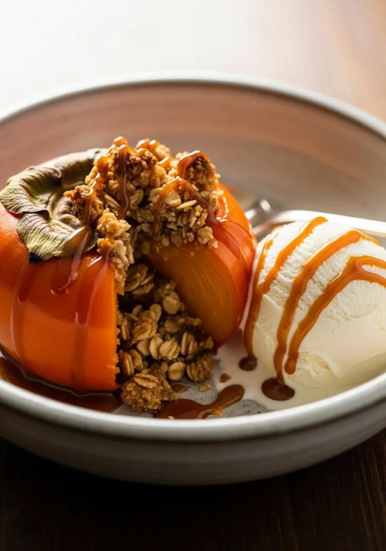 Baked Persimmon topped with a crunchy oat crumble fresh from the oven