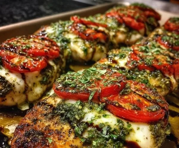 Baked Pesto Caprese Chicken topped with fresh basil and mozzarella cheese