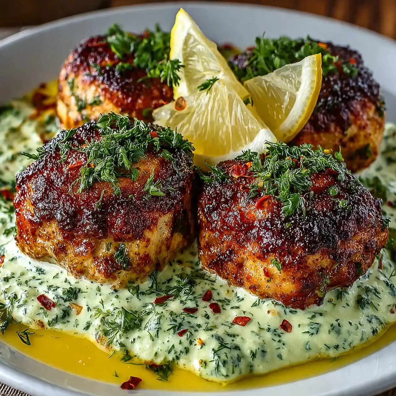 Plate of baked salmon meatballs drizzled with avocado sauce
