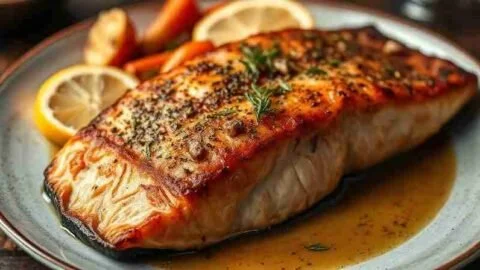 Deliciously baked salmon fillet served with vegetables on a plate