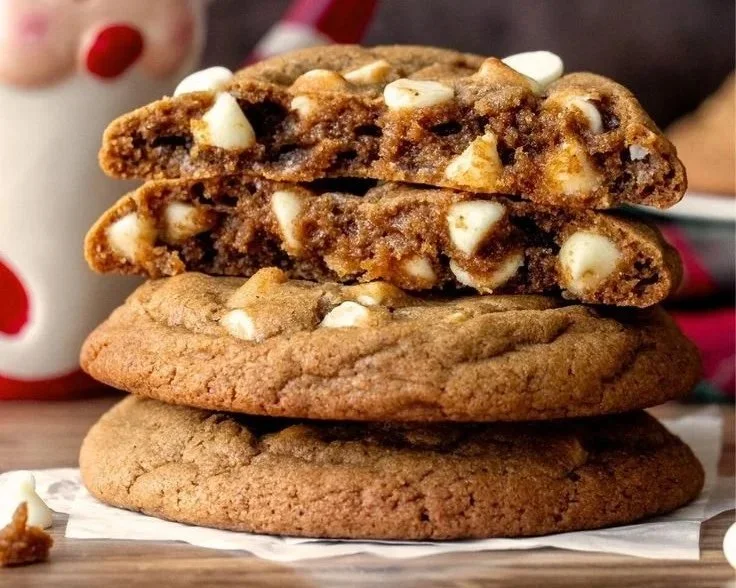 Bakery's gingerbread white chocolate cookies on a festive plate.