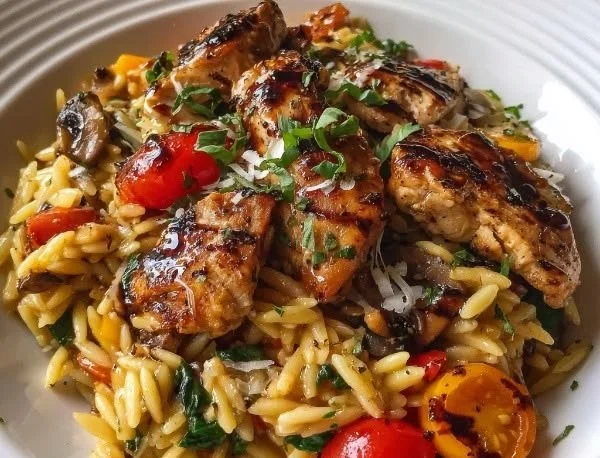 Delicious Balsamic Chicken served with Veggie Orzo, healthy and flavorful meal.