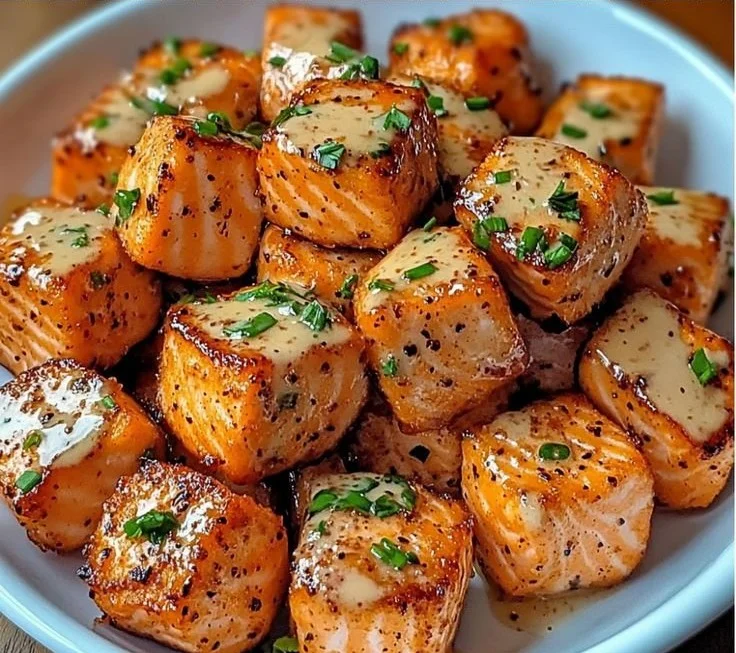 Crispy Bang Bang Salmon Bites served with a spicy sauce