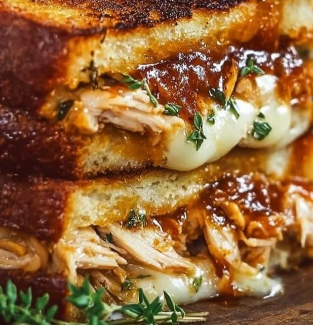 BBQ Chicken Grilled Cheese sandwich with melted cheese and grilled chicken