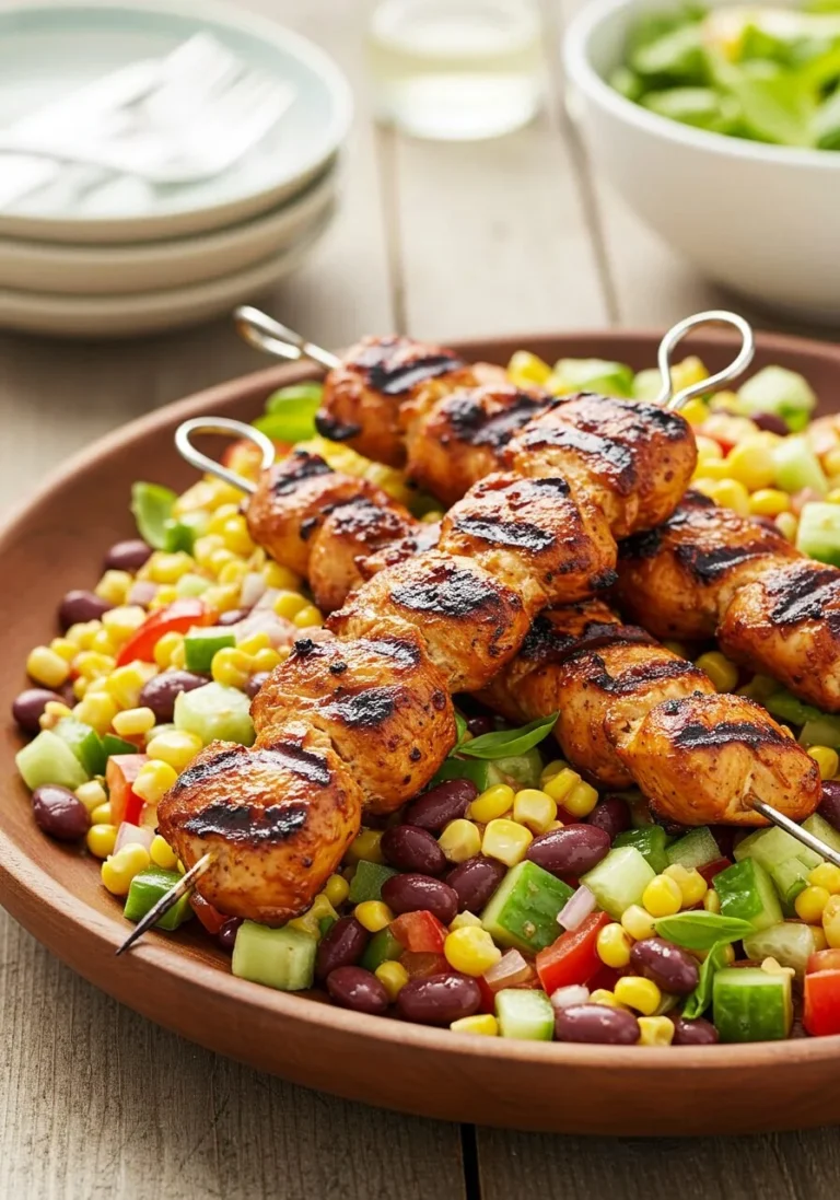 BBQ chicken skewer salad topped with herby ranch dressing and fresh vegetables