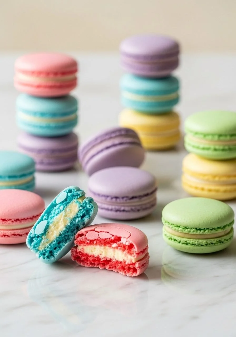A selection of colorful French macarons on a decorative plate