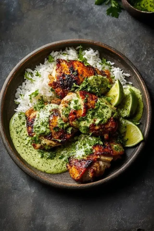 Delicious Peruvian chicken served with creamy green sauce on a plate