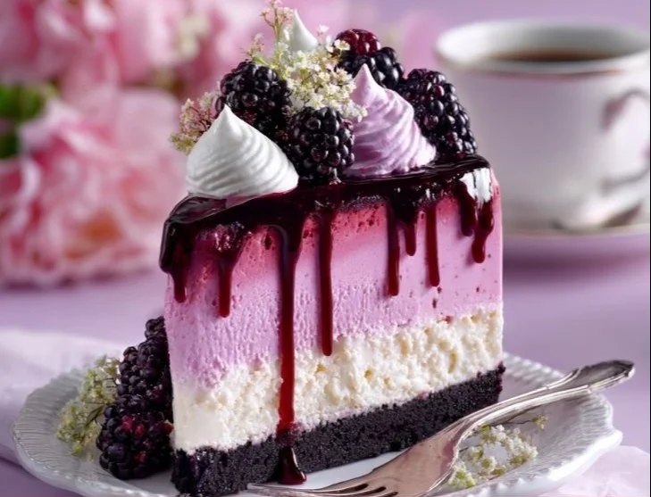 Slice of Blackberry Bliss Cheesecake topped with fresh blackberries