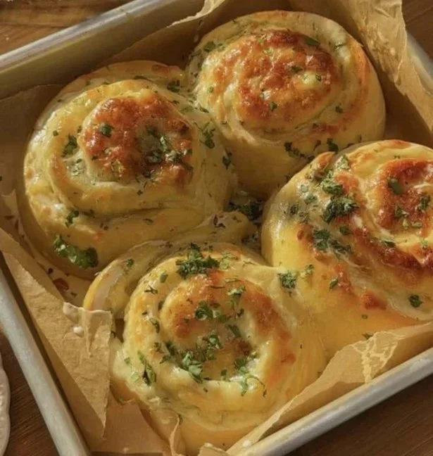 Freshly baked buttery cheese garlic rolls on a wooden table