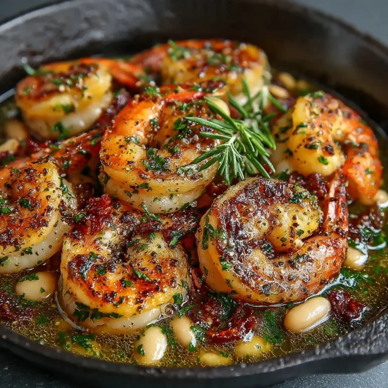 Buttery garlic shrimp with marinated white beans served in a bowl