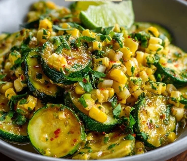 Colorful dish of Calabacitas with Mexican zucchini and corn served in a bowl