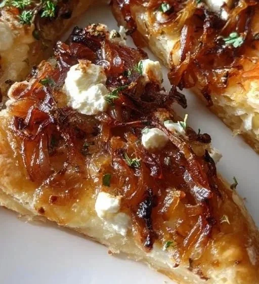 Caramelized onion and goat cheese tarts on a serving plate
