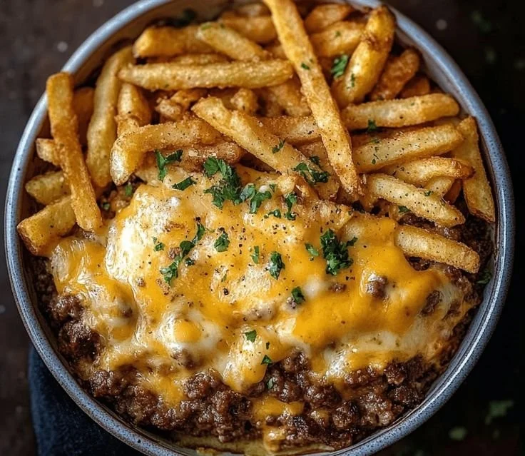 Cheeseburger Casserole topped with crispy French fries, served in a baking dish