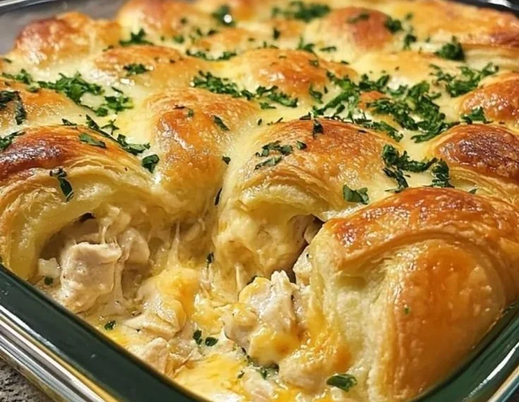 Cheesy Chicken Crescent Bake with golden crescent rolls and creamy filling