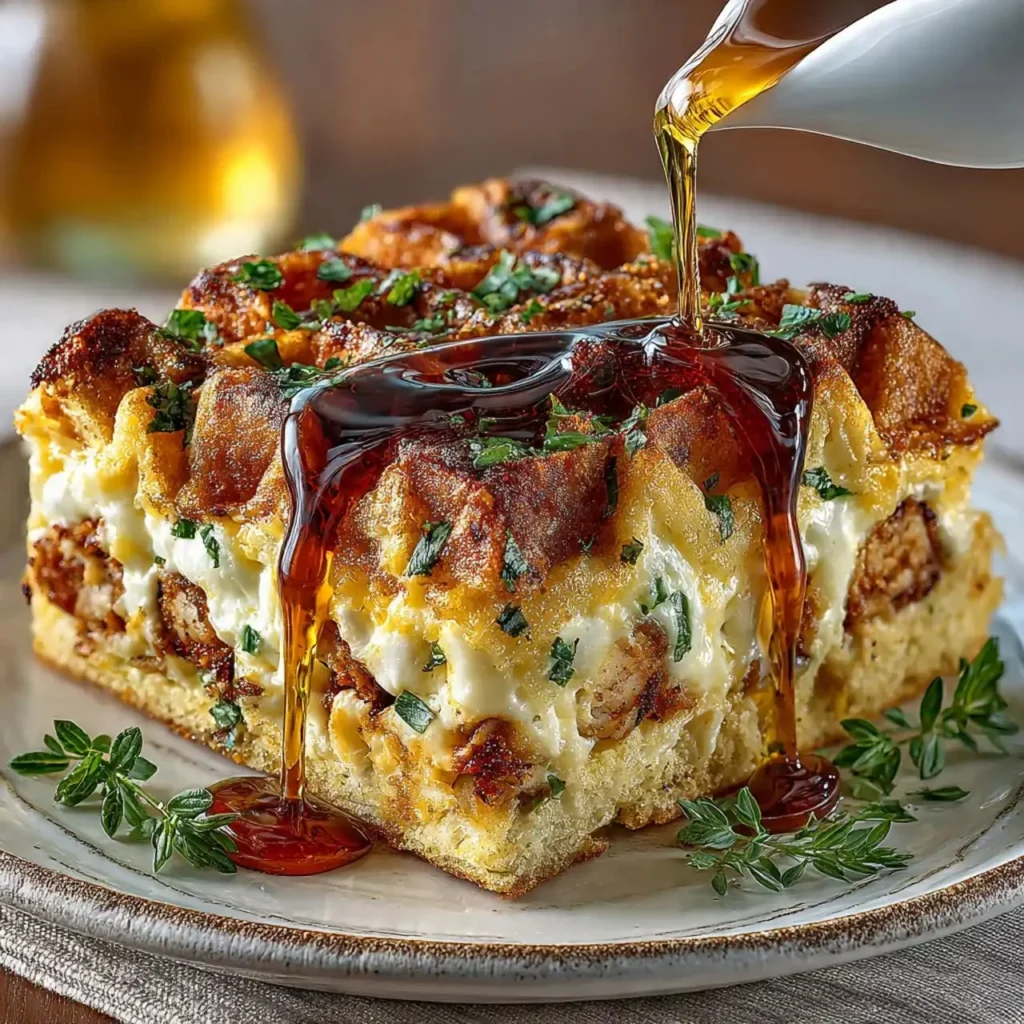 Chicken and Waffles Breakfast Casserole topped with syrup and herbs