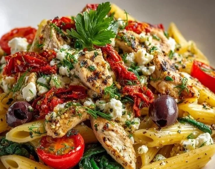 Delicious Chicken Feta Pasta served with fresh vegetables and herbs