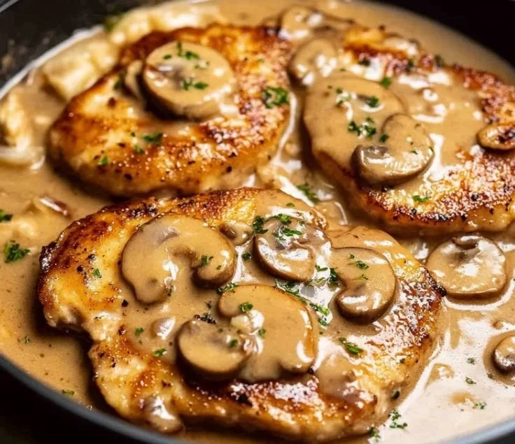 Plate of Chicken Marsala with mushrooms and sauce