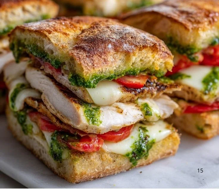 Delicious Chicken Pesto sandwich with tender chicken and fresh basil pesto.