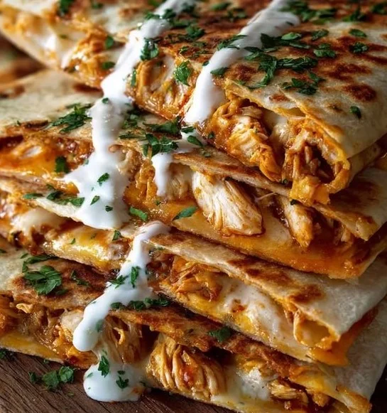 Melted cheese and grilled chicken in a crispy chicken quesadilla