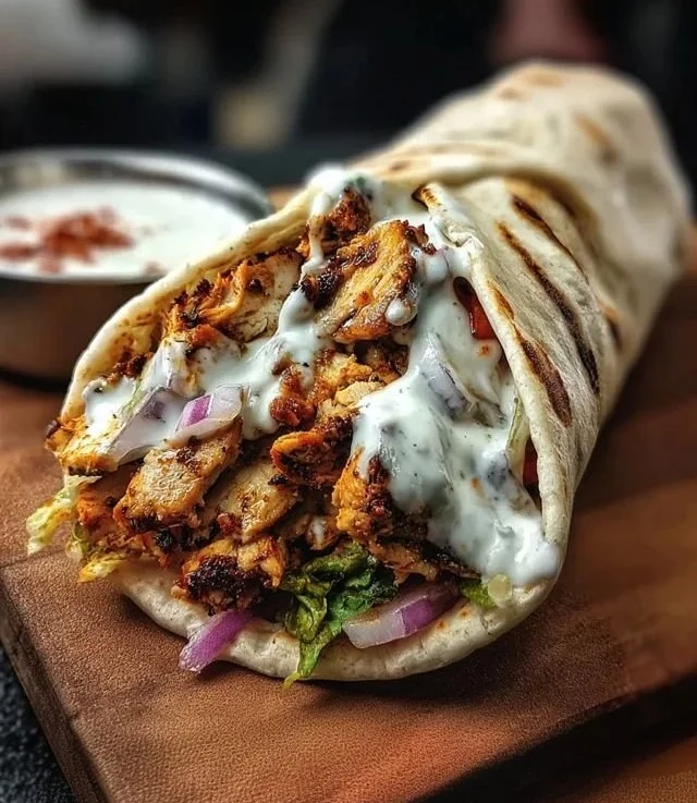 Delicious Chicken Shawarma served with creamy garlic sauce on a plate