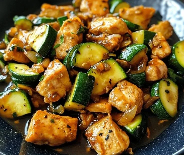 Delicious chicken zucchini stir fry served in a bowl with colorful vegetables.