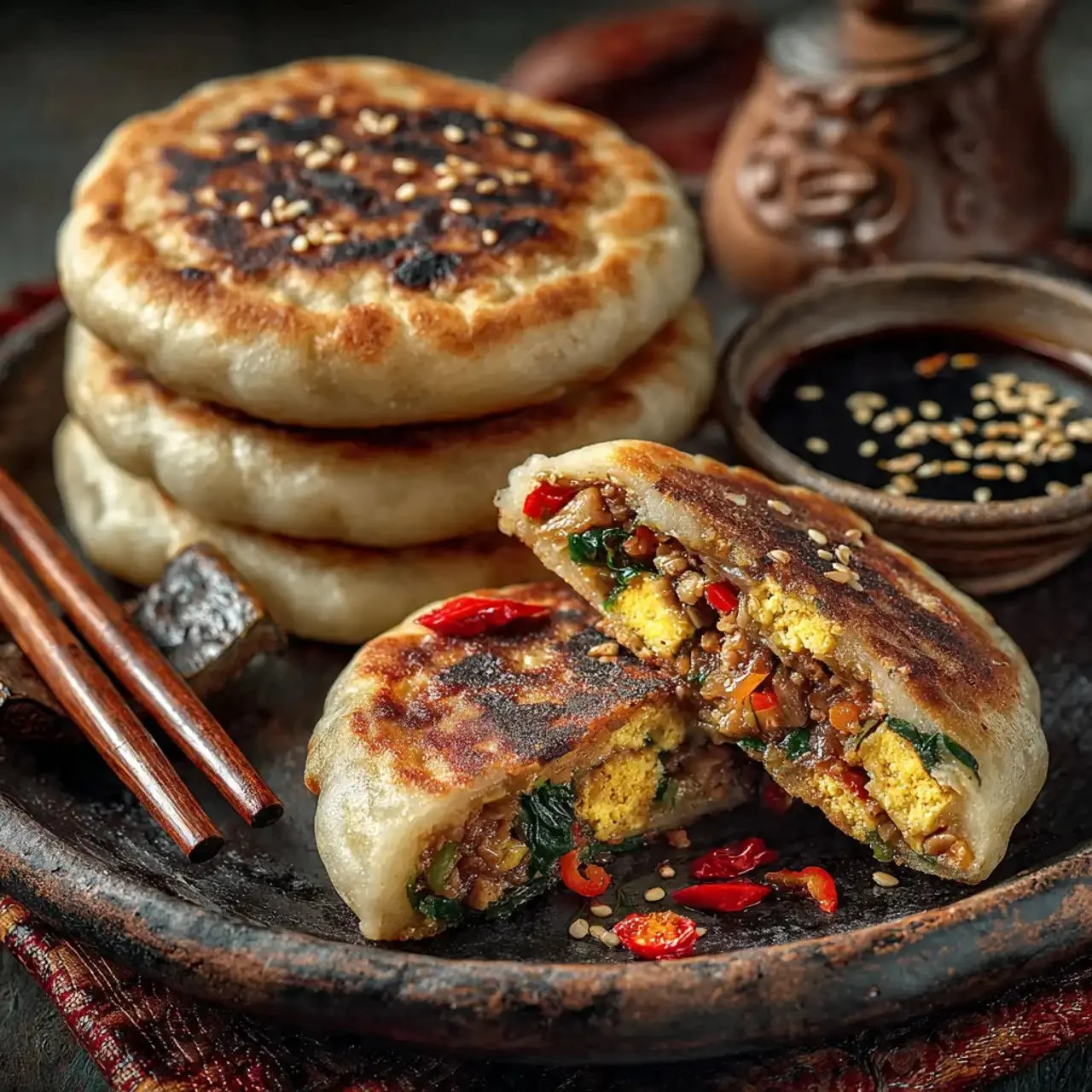 Chinese-style savory stuffed breakfast pancakes topped with fresh herbs and sauce.