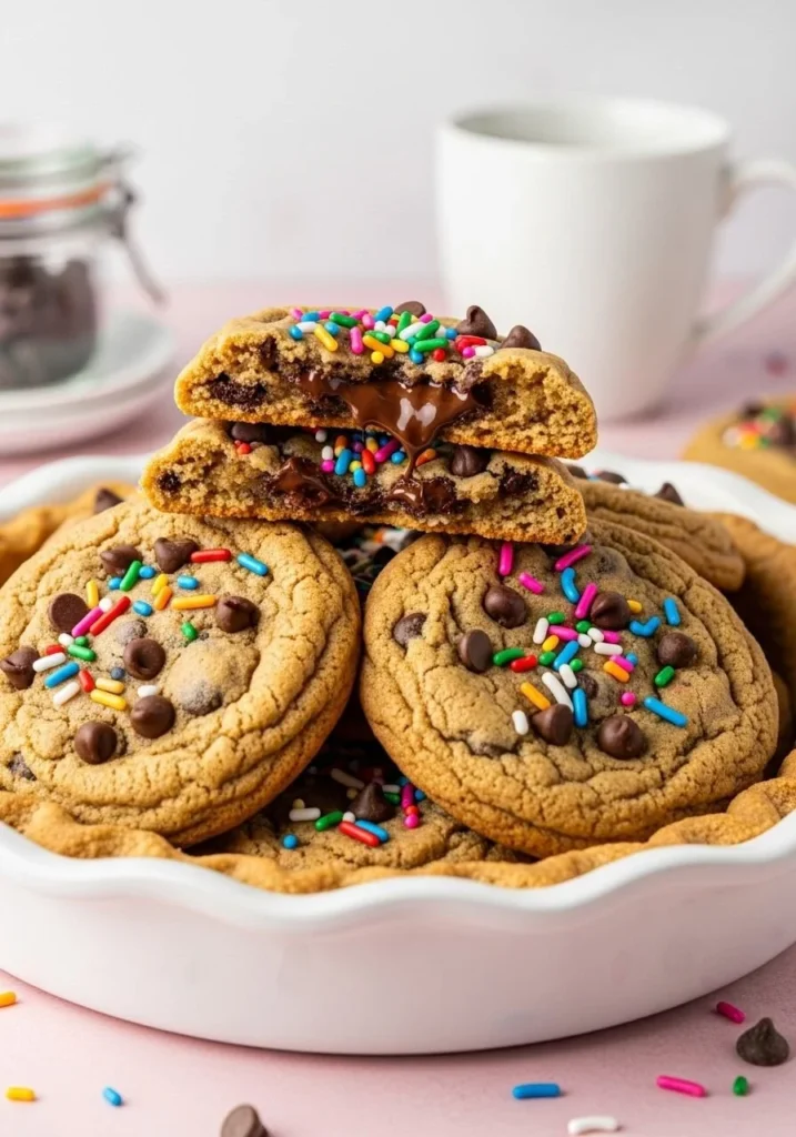 Delicious chocolate chip sprinkle cookies with colorful sprinkles on top