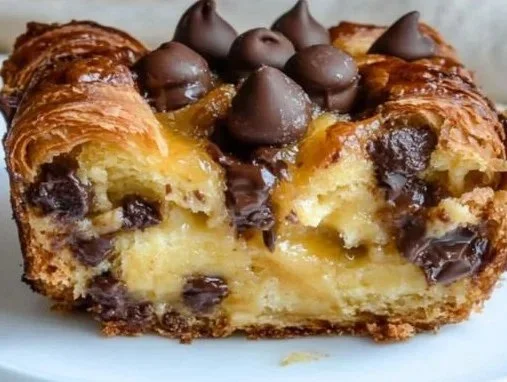 Delicious chocolate croissant breakfast bake topped with melted chocolate and fresh fruit.