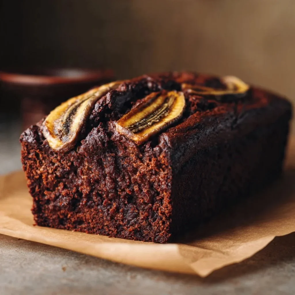 Sliced chocolate espresso banana bread with chocolate chips on a wooden cutting board