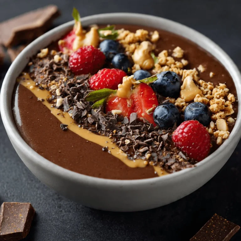 Chocolate Peanut Butter Smoothie Bowl topped with fresh fruits and nuts