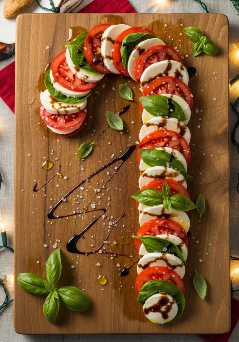 Christmas Candy Cane Caprese Salad with mozzarella, tomatoes, and basil.