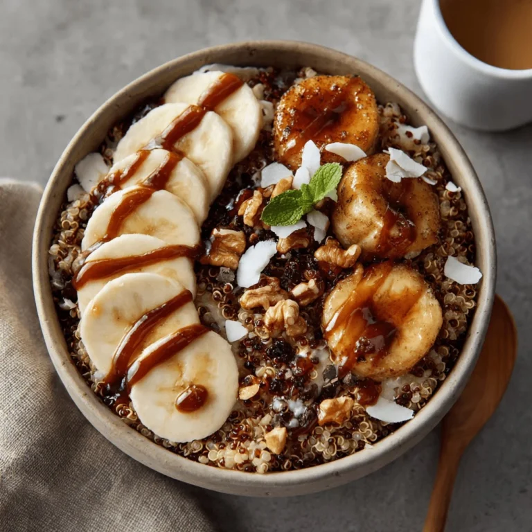 Delicious Chunky Monkey Quinoa Breakfast Bowl topped with fruits and nuts