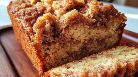 Cinnamon Crumb Banana Bread topped with a crumbly cinnamon streusel.