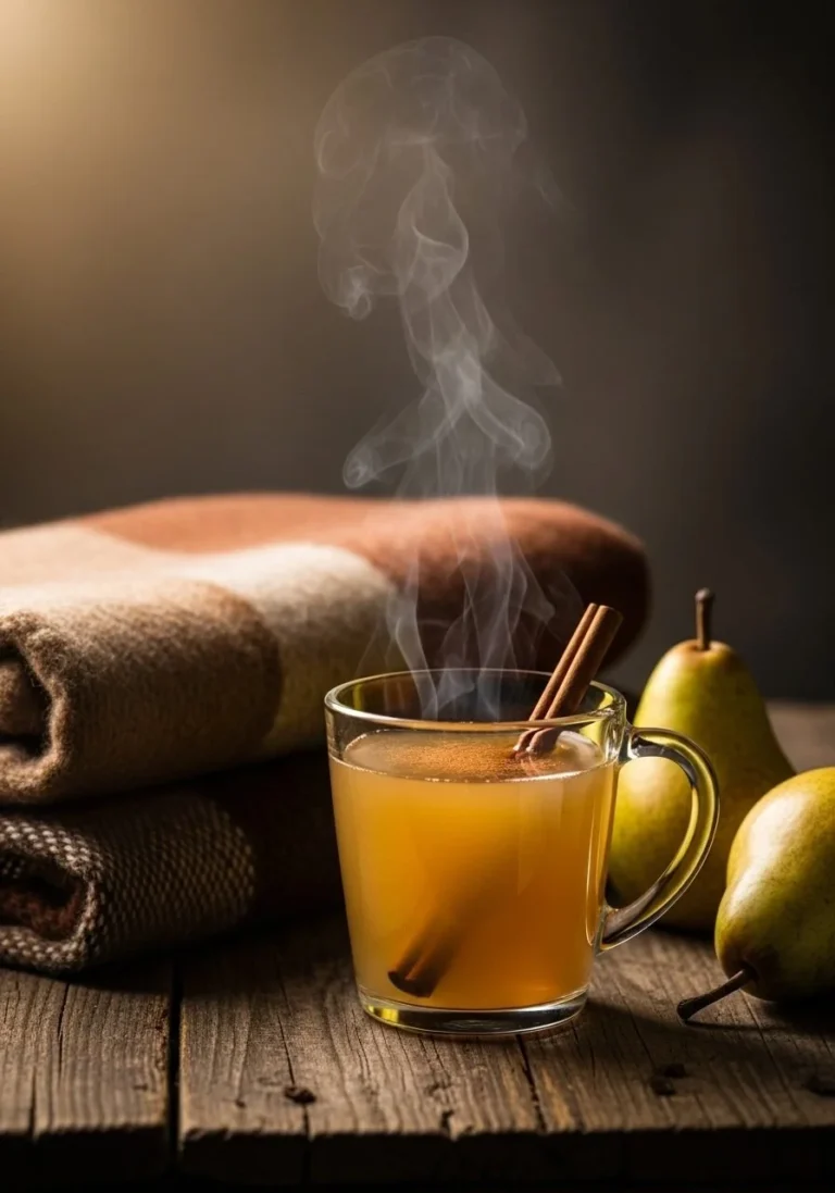A steaming mug of homemade Cinnamon Pear Cider with cinnamon sticks and pears.