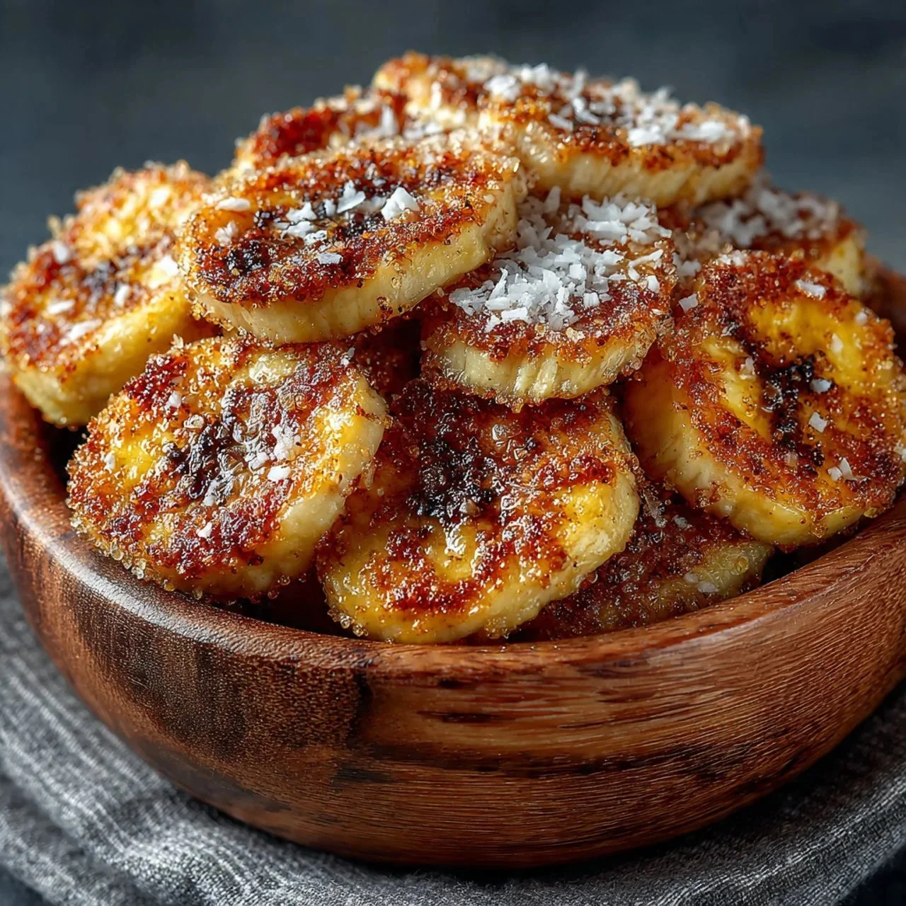 Cinnamon-sugar air fryer banana chips on a plate, a crunchy and sweet snack