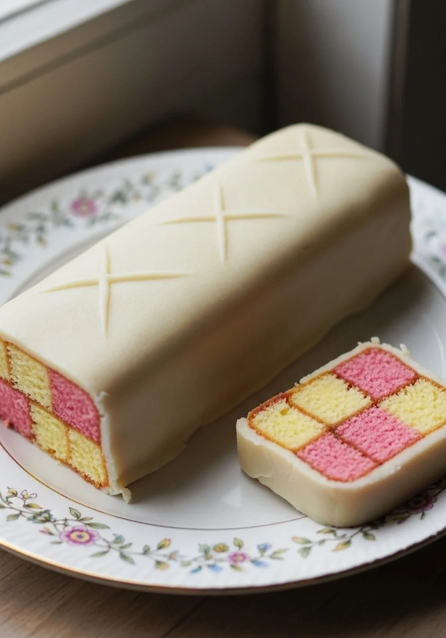 Classic Battenburg Cake with pink and yellow sponge and icing.
