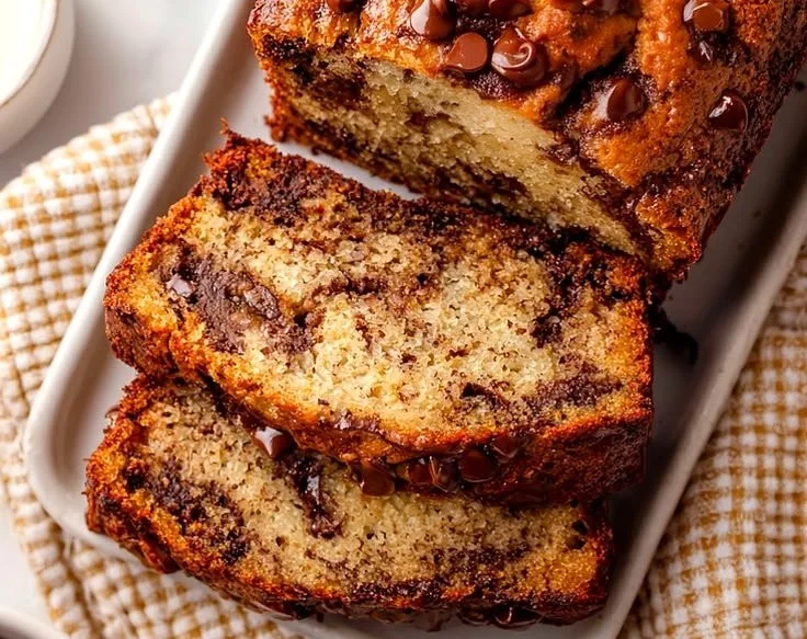A slice of classic chocolate chip banana bread on a wooden cutting board.