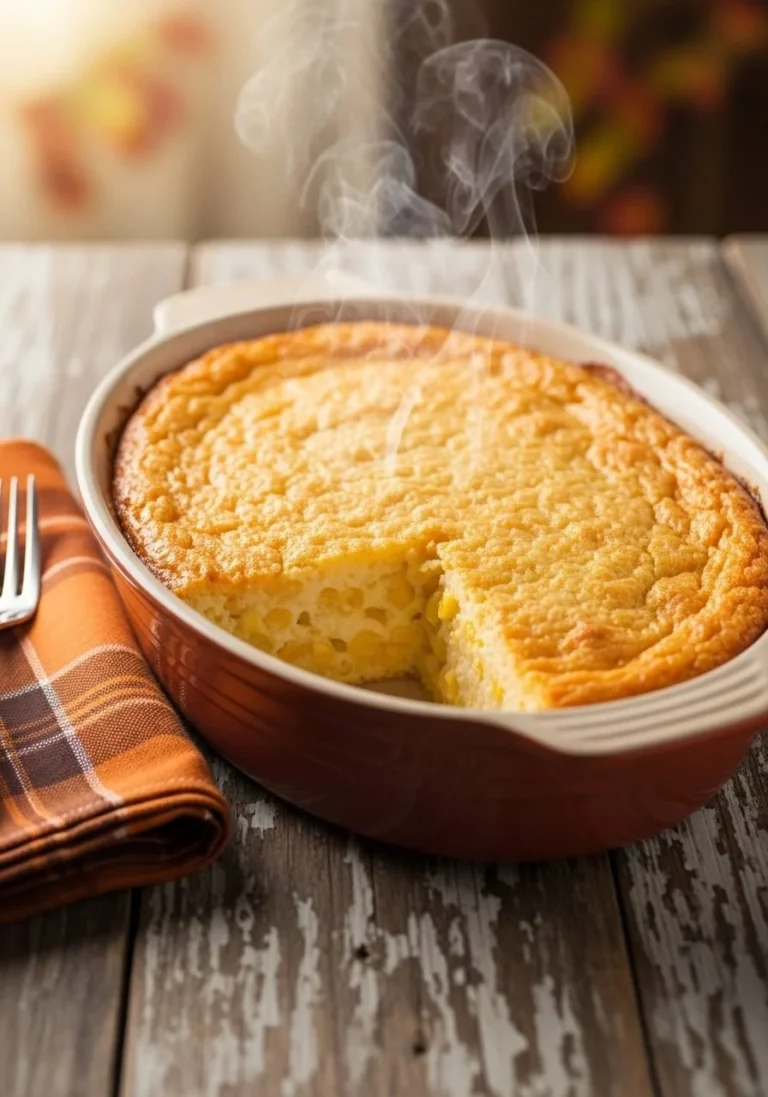 Delicious Classic Jiffy Corn Casserole freshly baked in a dish.