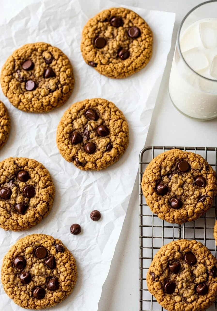 Classic Oatmeal-Chocolate Chip Cookies on a wooden table