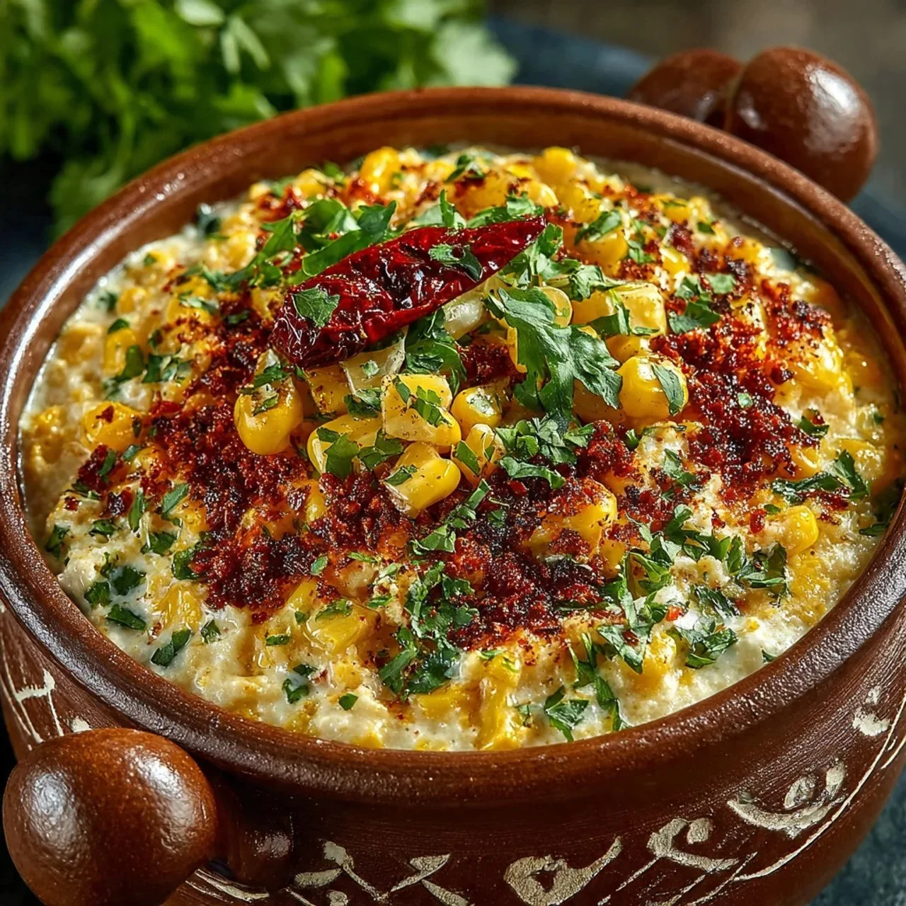 Delicious Corn Dip served in a bowl with fresh herbs and tortilla chips