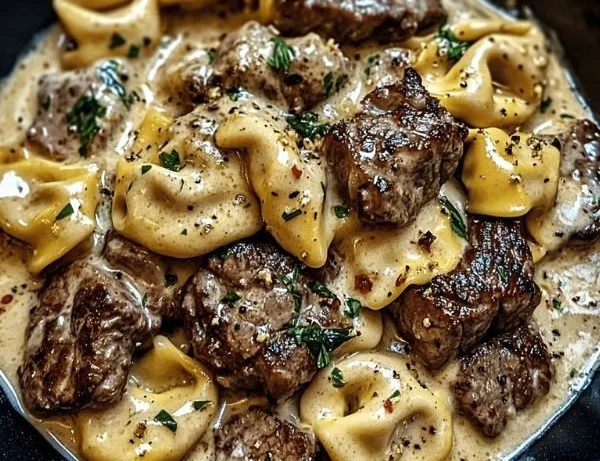 Creamy Garlic Steak Tortellini with rich flavors in a cheesy sauce